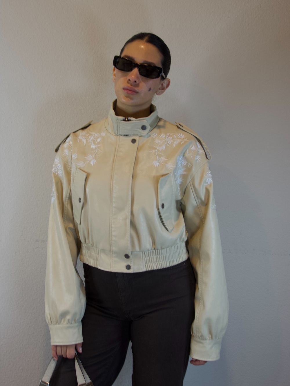Anthropologie Embroidered Faux Leather Bomber Jacket Size M
